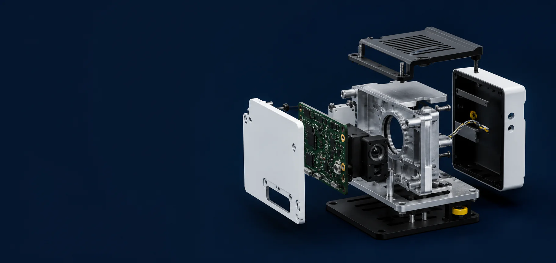 Conceptual exploded view of a multidisciplinary electromechanical assembly